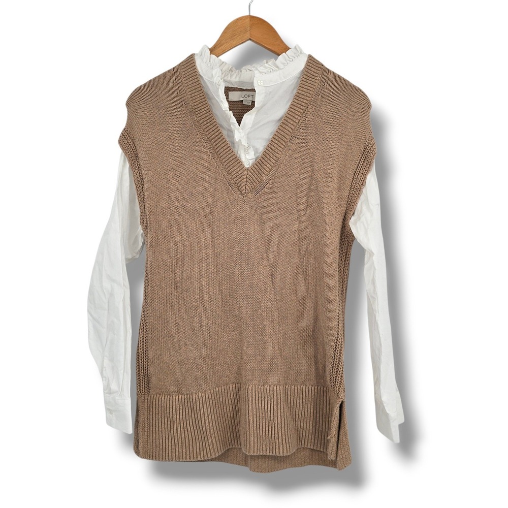 Loft Womens Tan Mixed Media Sweater Vest Layered Ruffle Shirt Top Small S